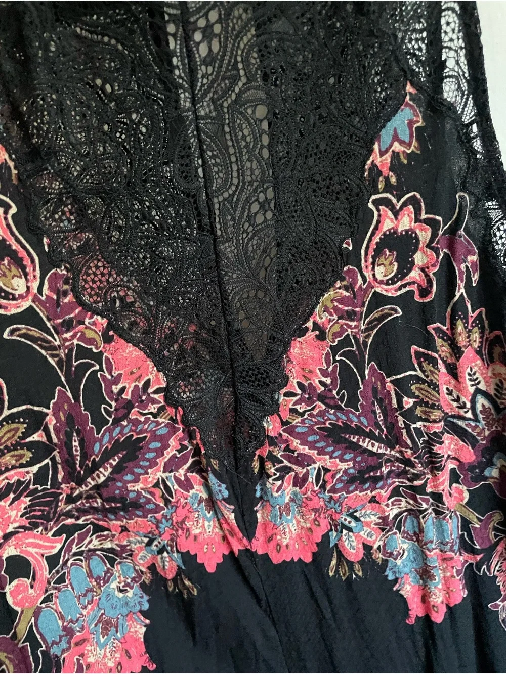 Free People Black Lace-Trim Floral Slip Dress with Pink and Blue Embroidery